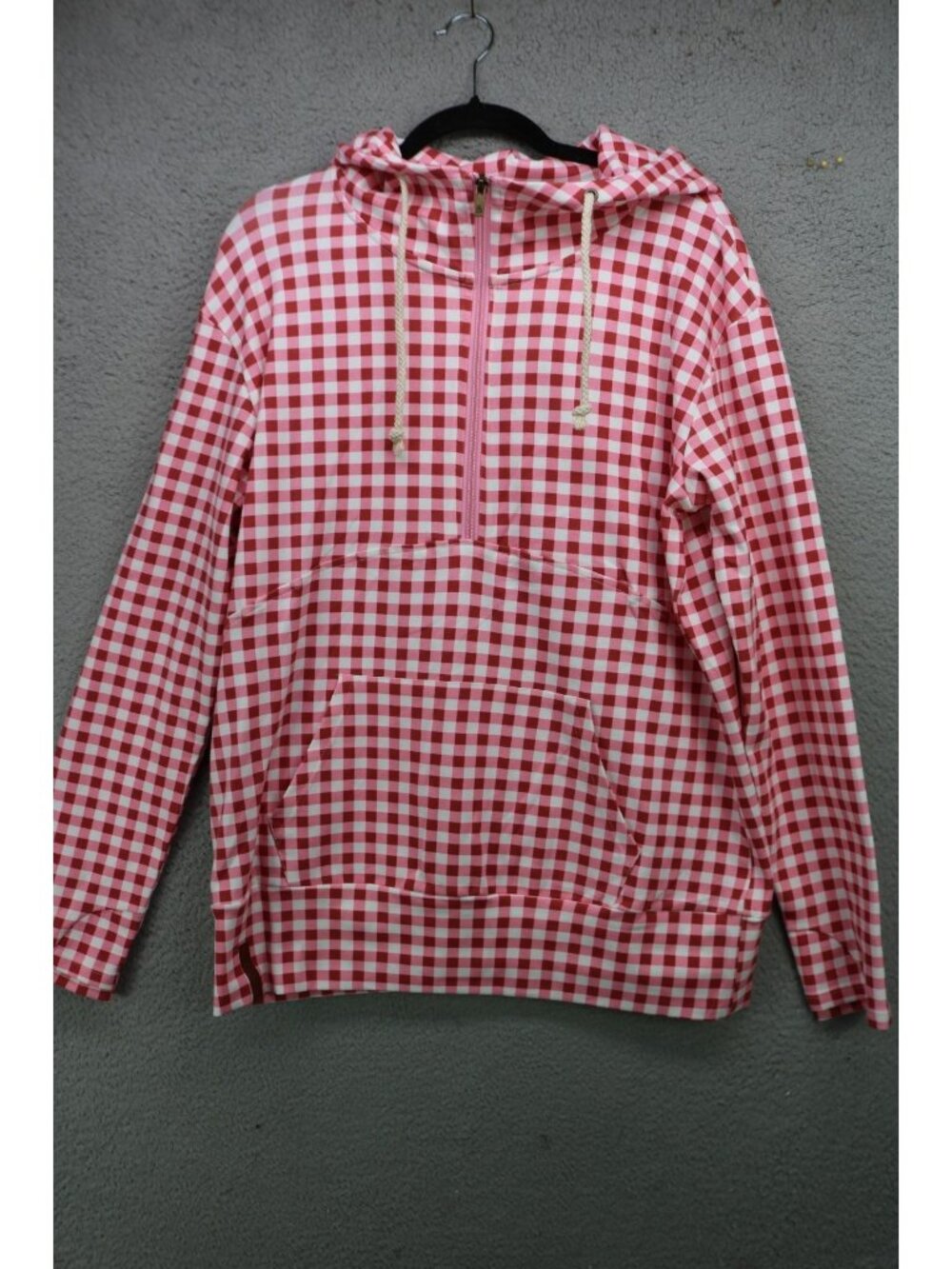 Ampersand Avenue Pink Gingham 1/2 Zip Hoodie-Size XL-Preppy-Kangaroo Pocket
